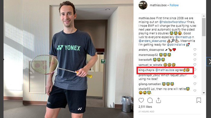 Unggahan Mathias Boe yang dikomentari Mohammad Ahsan