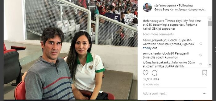 Postingan Instagram Stefano Cugurr, Minggu (25/11/2018).