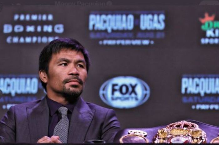 Manny Pacquiao saat menghadiri konferensi pers menjelang laga melawan Yordenis Ugas pada Rabu (18/8/2021).