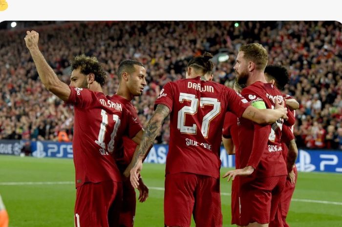 Selebrasi para pemain Liverpool atas kemenangan melawan Rangers FC pada matchday 3 Grup A Liga Champions musim 2022-2023 di Anfield, Rabu (5/10/2022) dini hari WIB.