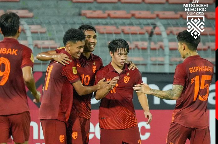 Selebrasi para pemain Thailand usai mencetak gol ke gawang Brunei dalam laga pertama Grup A Piala AFF 2022.