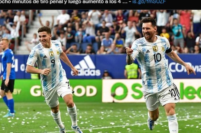 Lionel Messi memborong lima gol saat timnas Argentina membabat timnas Estonia 5-0 dalam laga persahabatan, Minggu (5/6/2022) atau Senin dini hari WIB.