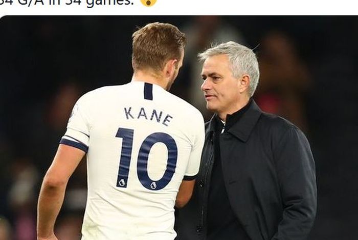 Pelatih Tottenham Hotspur, Jose Mourinho, berbicara dengan Harry Kane.