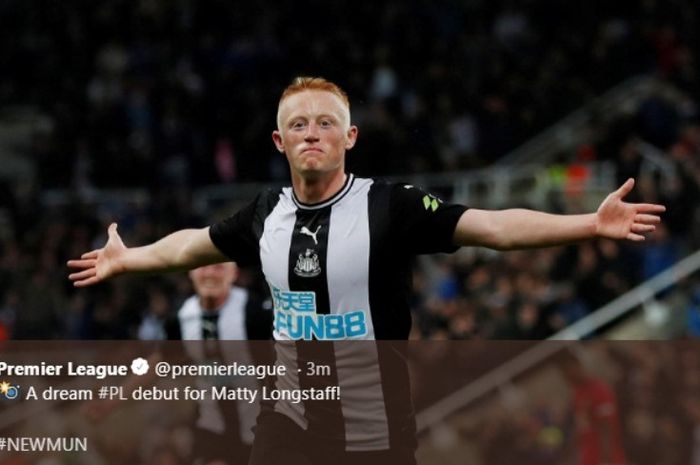 Pemain Newcastle United, Matthew Longstaff, melakukan selebrasi seusai menjebol gawnag Manchester United di St James' Park, Minggu (6/10/2019).