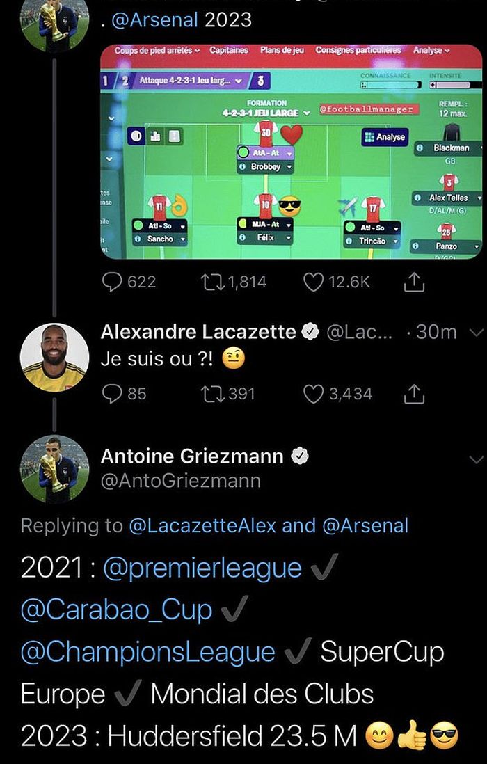 Balas-balasan di Twitter antara Antoine Griezmann dan Alexandre Lacazette.