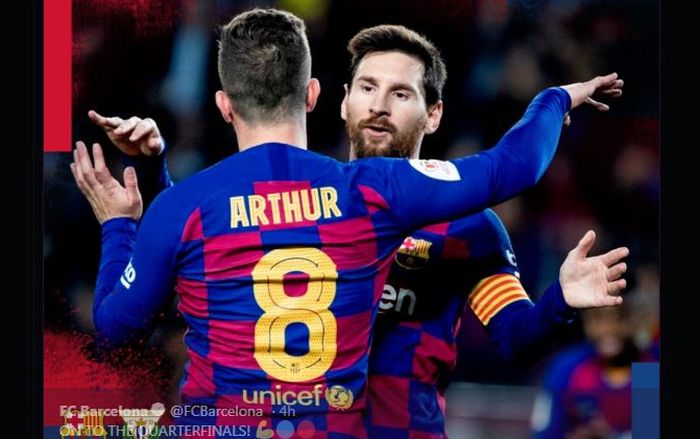 Lionel Messi merayakan gol bersama Arthur saat Barcelona menekuk Leganes di babak 16 besar Copa del Rey, 30 Januari 2020.