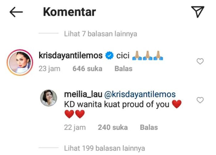 Komentar Instagram Krisdayanti pada postingan Meilia Lau.