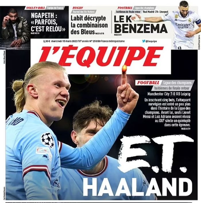 Cover majalah L'Equipe dengan wajah Erling Haaland.