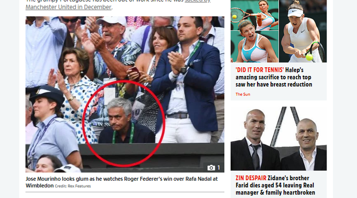 Screen capture berita tentang wajah galau Mourinho di pertandingan tenis Wimbledon