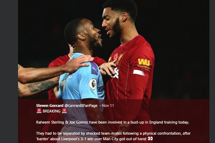 Cekcok antara Joe Gomez dan Raheem Sterling di laga Liverpool Vs Man City pada Minggu (10/11/2019).