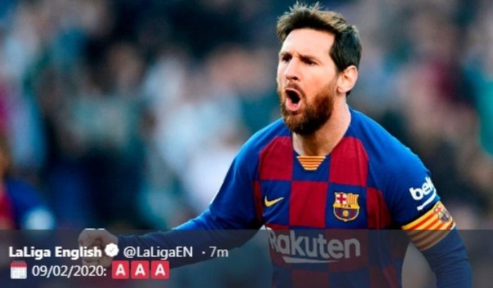 Megabintang Barcelona, Lionel Messi, berselebrasi seusai menjebol gawang Eibar dalam laga Liga Spanyol di Stadion Camp Nou, Sabtu (22/2/2020).