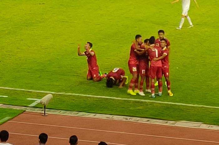 Selebrasi Pemain timnas U-20 Indonesia, Marselino Ferdinan setelah mencetak gol ke gawang Vietnam.