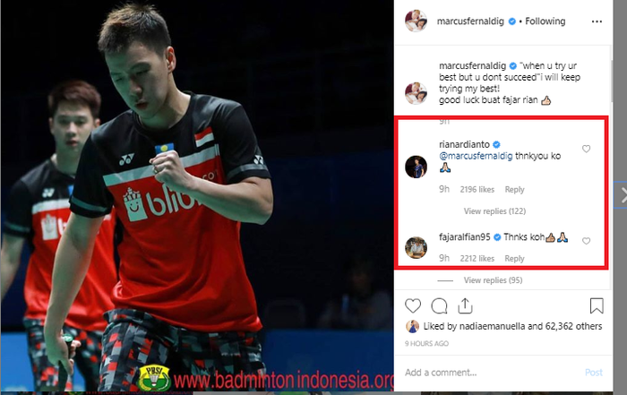 Unggahan Marcus Fernaldi usai pertandingan perempat final Malaysia Open 2019