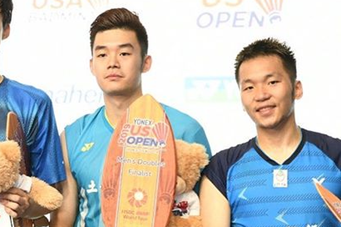 (ki-ka) Ko Sung-hyun/Shin Baek-cheol (Korea Selatan) dan  Wang Chi-Lin/Lee Yang saat naik podium US Open 2019, di Titan Gymnasium, California, AS. Minggu (14/7/2019).