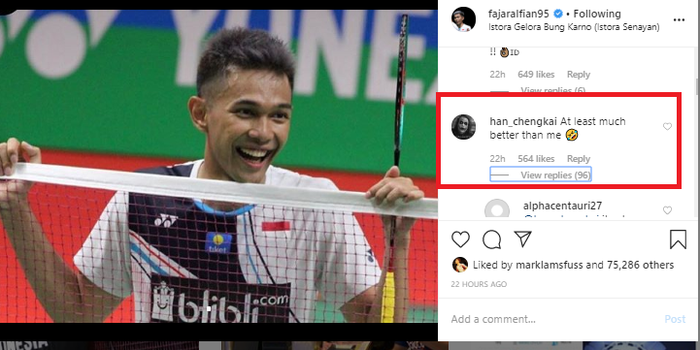 Unggahan Fajar Alfian yang dikomentari Han Cheng Kai