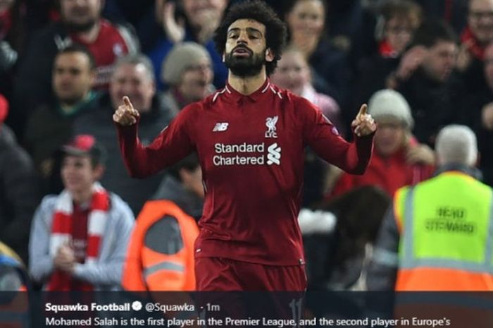 Mohamed Salah mencetak gol saat Liverpool melawan Crystal Palace pada pekan ke-23 Liga Inggris musim 2018-2019.