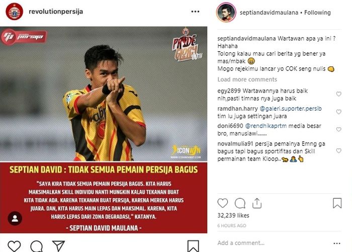 Postingan Instagram Septian David Maulana, Sabtu (8/12/2018).