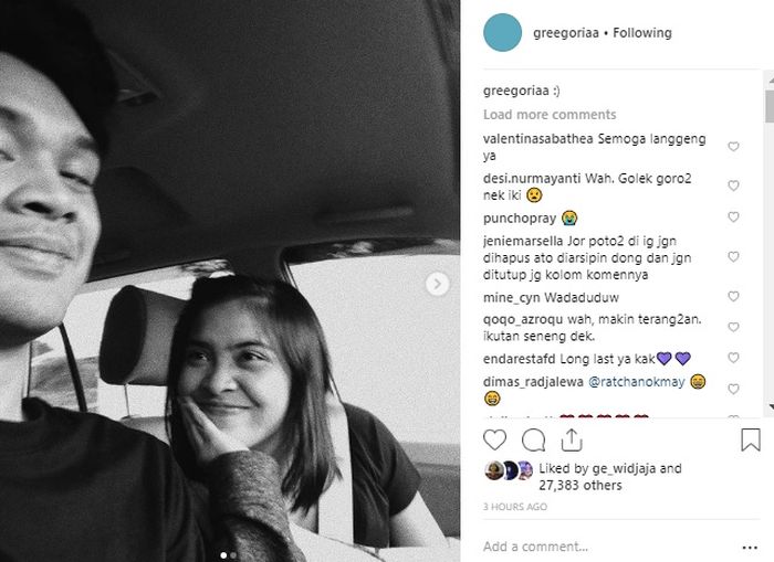 Postingan Instagram Gregoria Mariska, Minggu (23/12/2018).