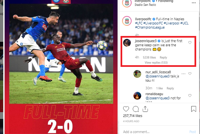 Komentar Jose Enrique di akun resmi Liverpool