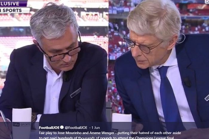 Jose Mourinho dan Arsene Wenger ketika menjadi komentator di laga final Liga Champions, Liverpool Vs Tottenham Hotspur, Sabtu (1//6/2019).