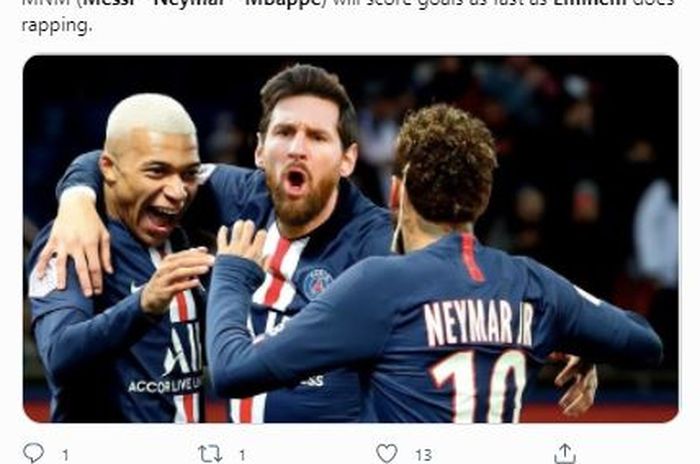 Trio Eminem, calon trisula baru Paris Saint-Germain yang terdiri dari Lionel Messi, Neymar dan Kylian Mbappe