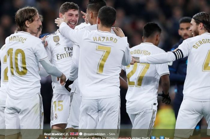 Selebrasi pemain Real Madrid merayakan kemenangan atas Real Sociedad di Santiago Bernabeu, Sabtu (23/11/2019) atau Minggu dini hari WIB.