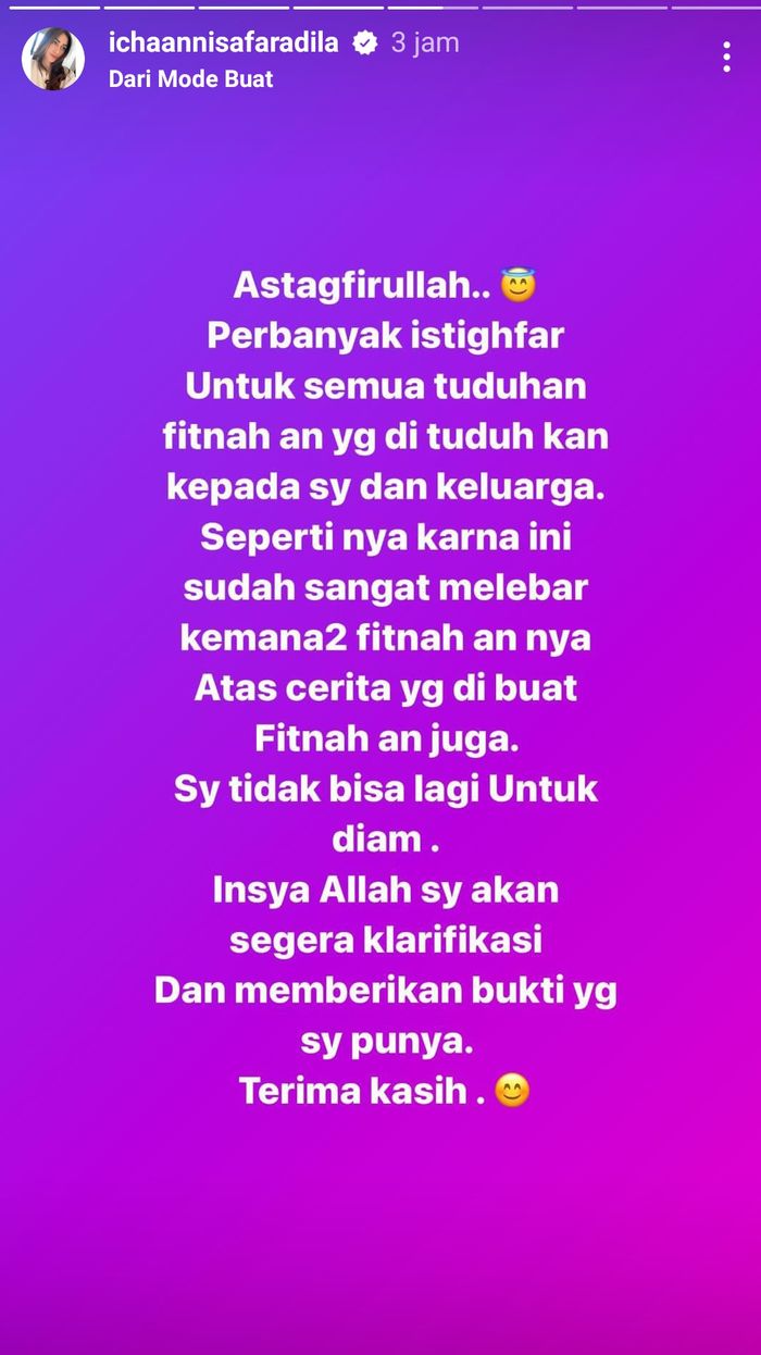 Unggahan Icha Annisa Faradila terkait tudingan fitnah yang mengarah padanya yakni mengirim santet ke Stevie Agnecya