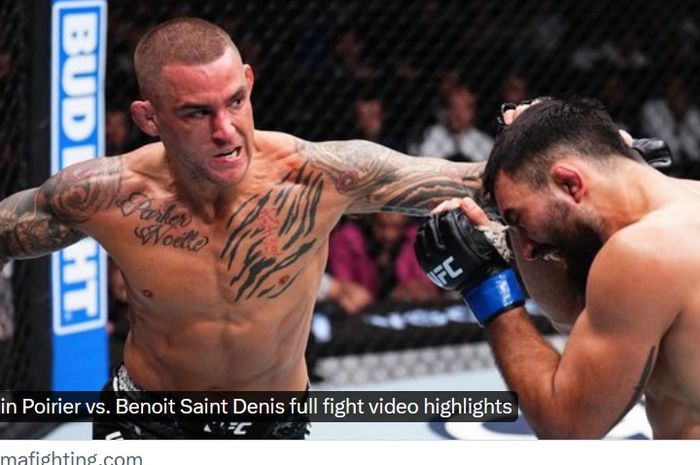 Dustin Poirier (kiri) mencetak kemenangan KO atas Benoit Saint Denis dalam pertarungan kelas ringan pada UFC 299 di Florida, Amerika Serikat, 10 Maret 2024.