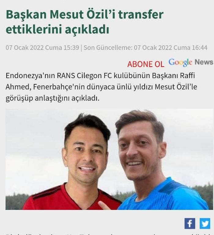 Media asal Turki, Fotospor, membahas mengenai rumor Raffi Ahmad memboyong Mesut Ozil ke RANS Cilegon FC.