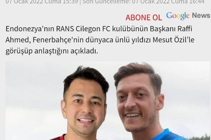 Media asal Turki, Fotospor, membahas mengenai rumor Raffi Ahmad memboyong Mesut Ozil ke RANS Cilegon FC.