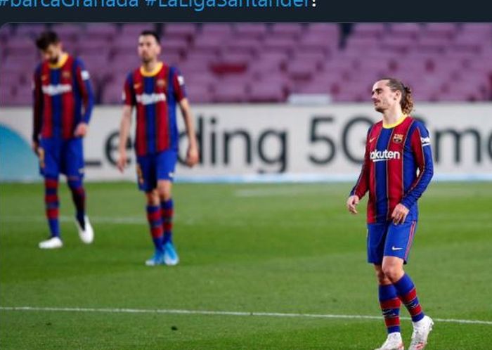 Reaksi Antoine Griezmann dalam laga Liga Spanyol Barcelona vs Granada di Camp Nou, 29 April 2021.