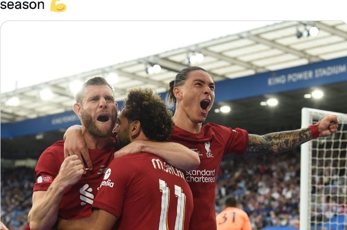 Selebrasi pemain Liverpool, Darwin Nunez (kanan), pada pertandingan Community Shield melawan Manchester City di Stadion King Power, Leicester, Minggu (30/7/2022).