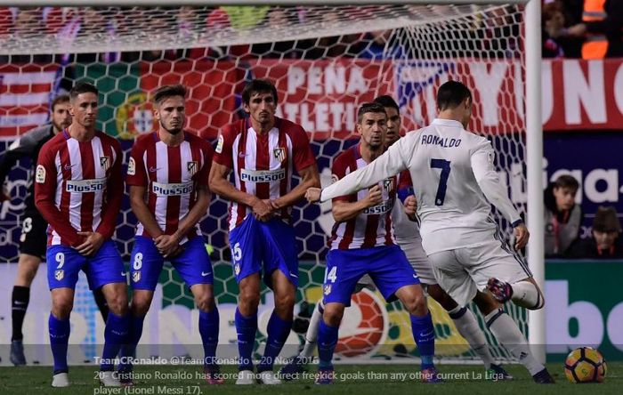 Cristiano Ronaldo mengeksekusi tendangan bebas dalam duel Real Madrid versus Atletico Madrid.