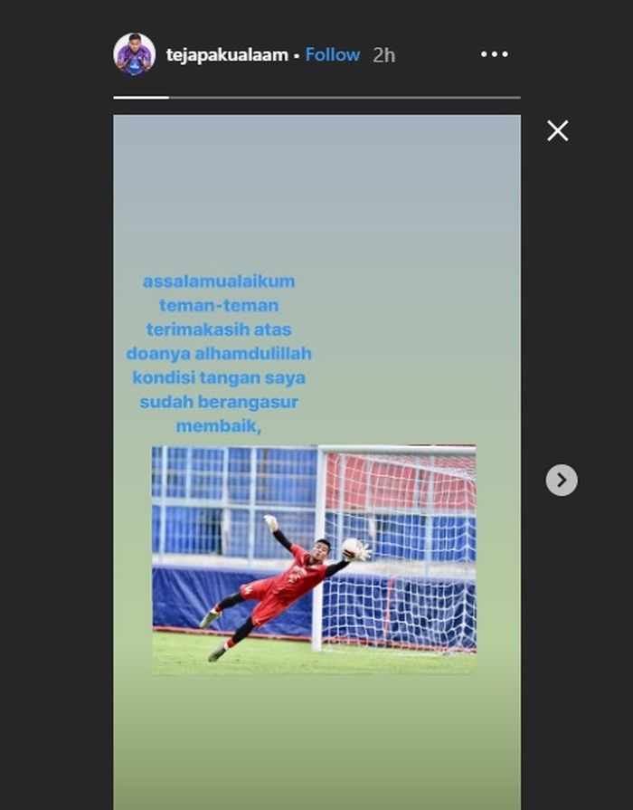 Kiper Persib Bandung, Teja Paku Alam, mengabarkan kondisinya pascacedera jelang kick-off kontra PSS Sleman pada pekan ketiga Liga 1 2020, Minggu (15/3/2020).