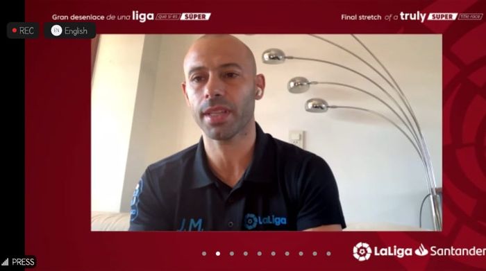 Tangkapan layar video diskusi dengan Javier Mascherano dalam acara virtual LaLiga, 5 Mei 2021.