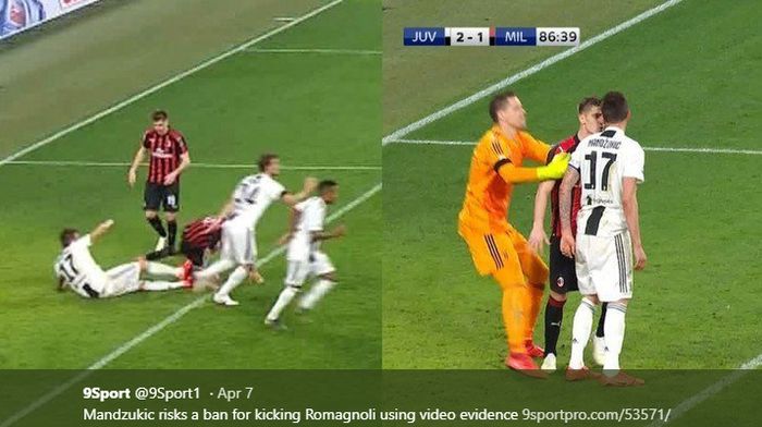 Mario Mandzukic (#17) terlihat berusaha menendang Alessio Romagnoli pada pertandingan Juventus vs AC Milan di Stadion Allianz Turin, 6 April 2019.