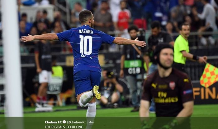 Bintang Chelsea, Eden Hazard, mencetak gol ke gawang Arsenal dalam laga final Liga Europa di Baku Olympic Stadium, Rabu (29/5/2019).