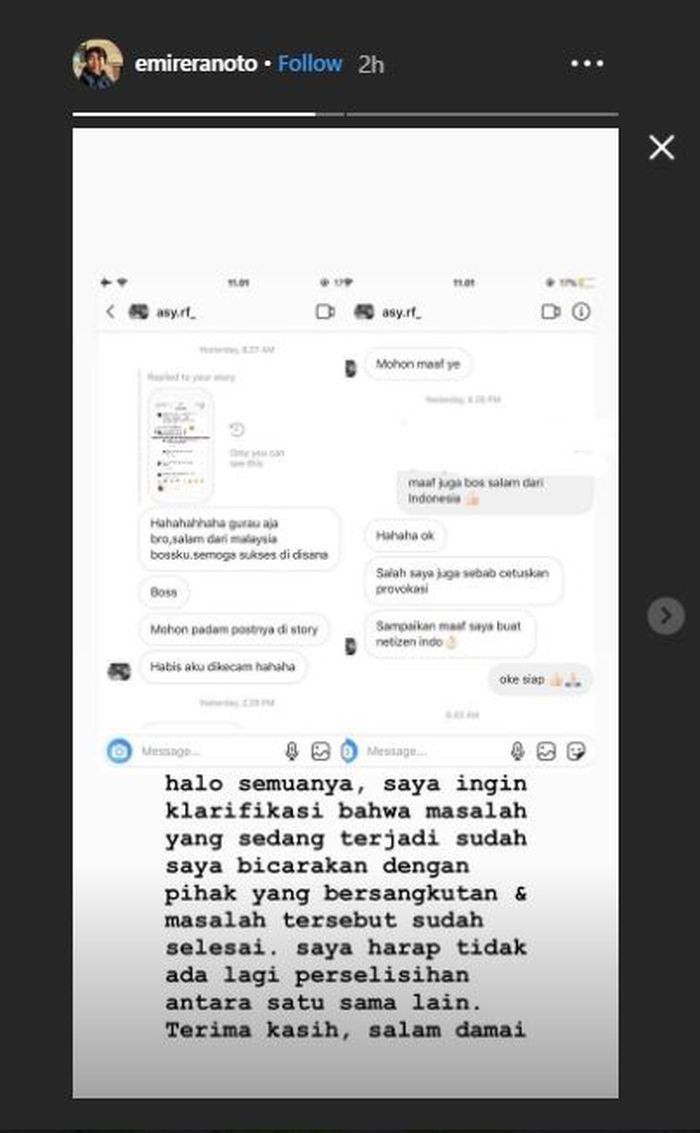 Unggahan Instagram stories pemain muda Indonesia yang berkarier di Italia, Emir Eranoto Dipasena.