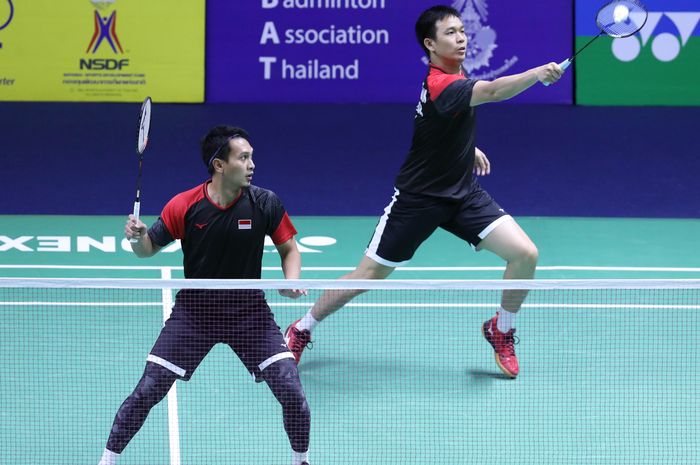 Penampilan ganda putra Indonesia, Mohammad Ahsan/Hendra Setiawan, pada babak pertama Thailand Open 2019 di Indoor Stadium Huamark, Bangkok, Thailand, Selasa (30/7/2019).