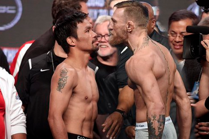 Rekayasa foto sesi staredown antara Manny Pacquiao (kiri) dan Conor McGregor (kanan).
