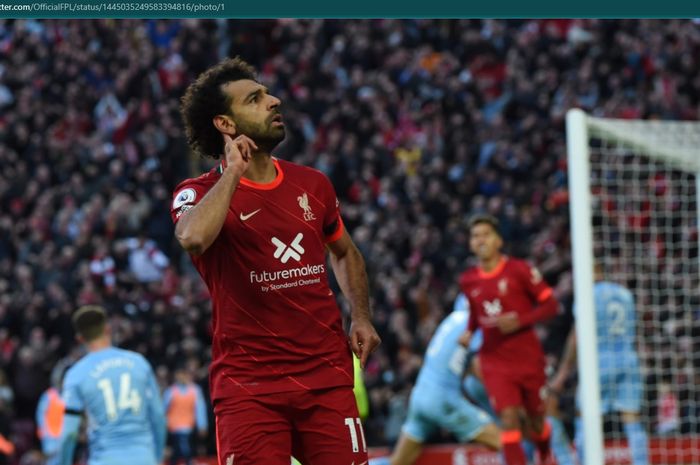 Momen selebrasi Mohamed Salah usai mencetak gol ke gawang Manchester City pada laga pekan ketujuh Liga Inggris 2021-2022.
