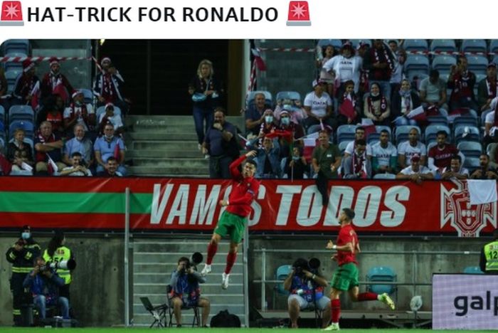 Megabintang timnas Portugal, Cristiano Ronaldo, merayakan gol ke gawang timnas Luksemburg dalam laga Grup A Kualifikasi Piala Dunia 2022 Zona Eropa di Stadion Algarve, Selasa (12/10/2021).