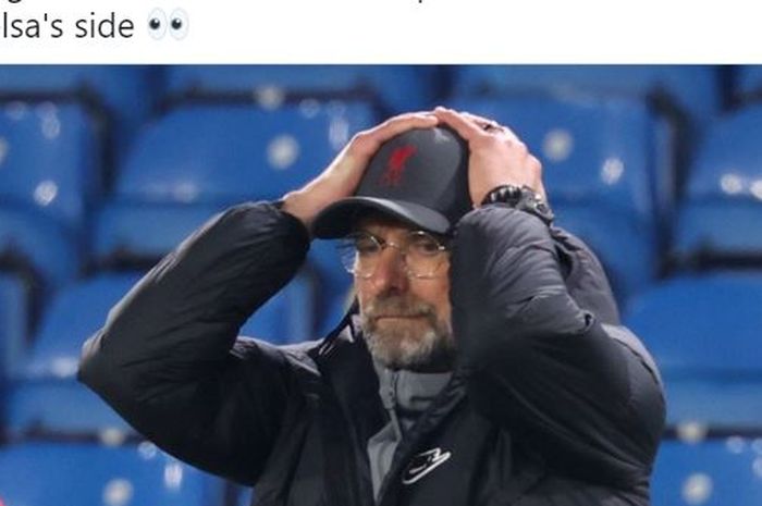 Ekspresi pelatih Liverpool, Juergen Klopp, dalam laga Liga Inggris kontra Leeds United di Stadion Elland Road, Senin (19/4/2021).