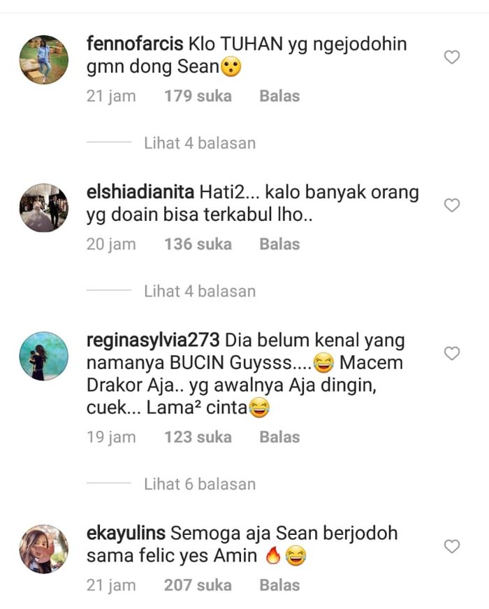 Kumpulan komentar netizen yang gencar jodohkan Nicholas Sean dengan Felicia Tissue.