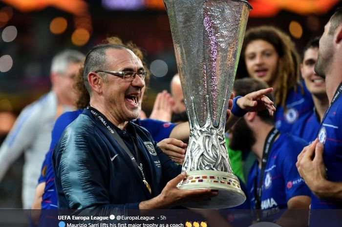 Ekspresi Maurizio Sarri, seusai menjuarai Liga Europa musim 2018-2019 bersama Chelsea.