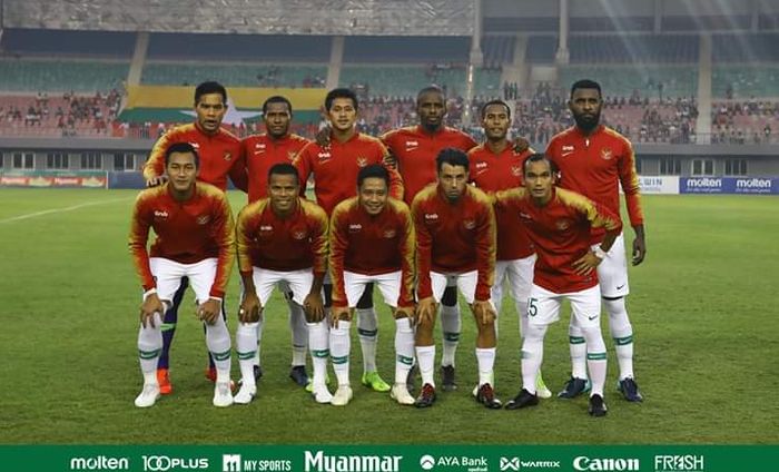 Starting XI timnas Indonesia saat uji coba melawan Myanmar.