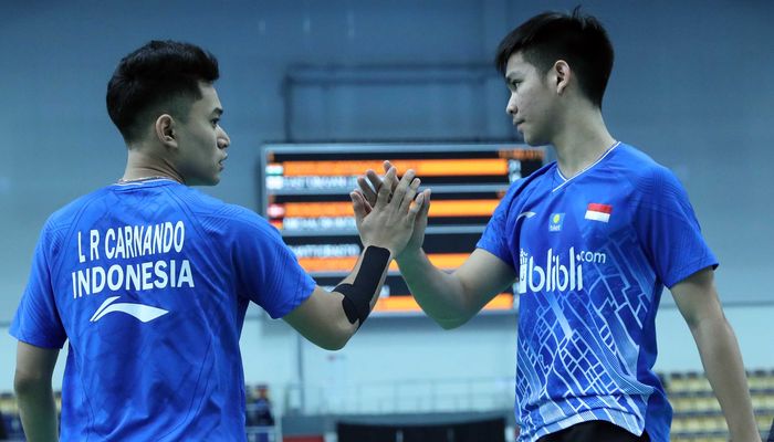 Leo Rolly Carnando/Daniel Marthin saat berlaga di babak 16 besar Kejuaraan Dunia 2019, di Kazan Gymnastics Center, Rusia, Kamis (10/10/2019).