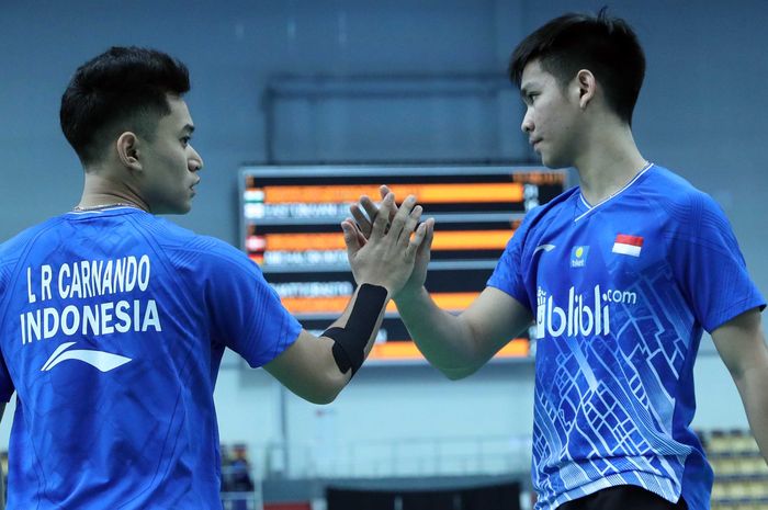 Leo Rolly Carnando/Daniel Marthin saat berlaga di babak 16 besar Kejuaraan Dunia 2019, di Kazan Gymnastics Center, Rusia, Kamis (10/10/2019).