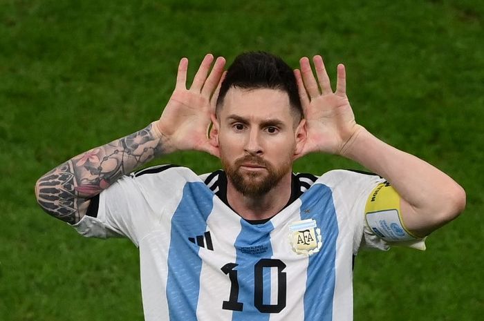 Reaksi Lionel Messi dalam duel perempat final Piala Dunia 2022 antara timnas Argentina vs Belanda di Lusail Stadium (9/12/2022).