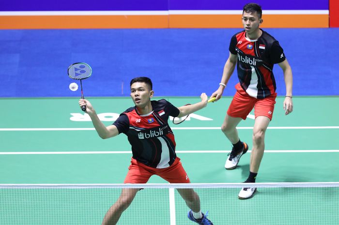 Pasangan ganca putra Indonesia, Fajar Alfian/Muhammad Rian Ardianto saat tampil pada babak kedua China Open 2019